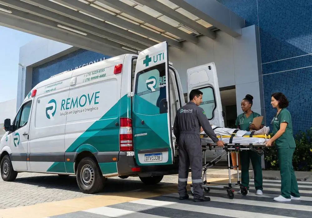 Equipe da Remove conduzindo uma maca ao lado de uma ambulância UTI Móvel